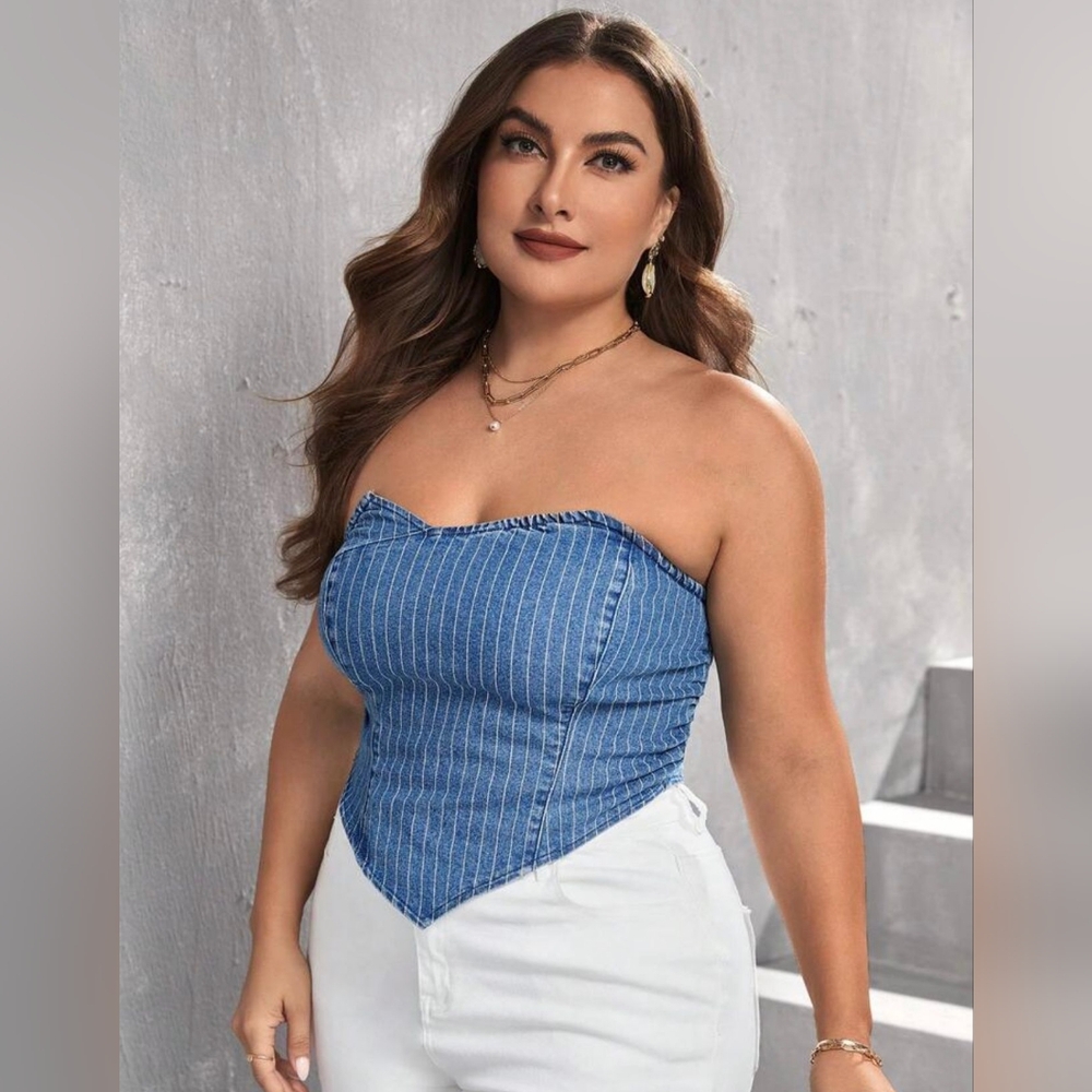 Elegant Blue Pinstripe Strapless Blouse